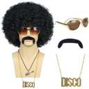 VGbeaty Men Short Wave Black Wig with Glasses and Mustache and Gold Necklace Afro 70s 80s Disco Wig Heat Resistant Synthetic Fiber Soft Durable Breathable Cap for Halloween Costume Party