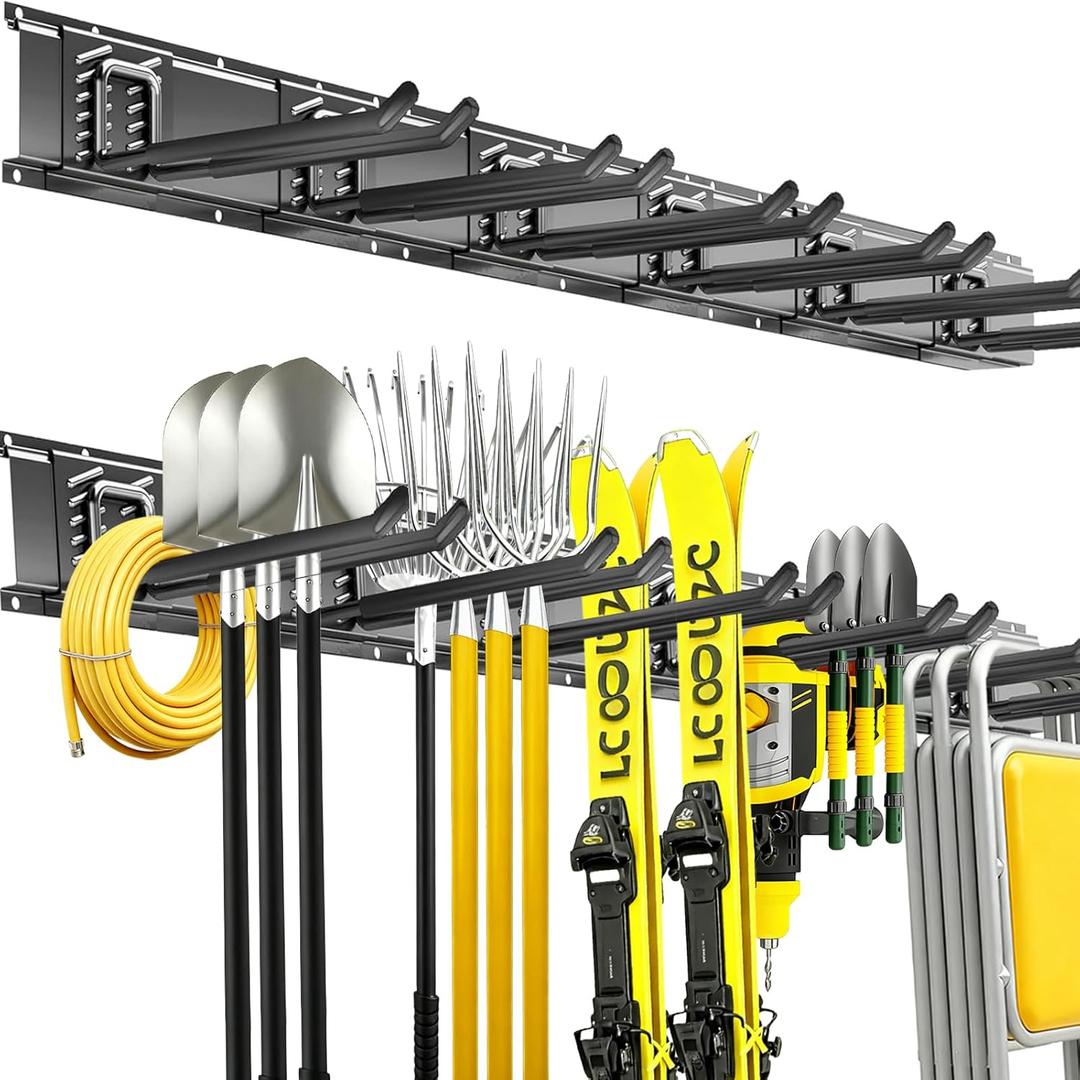 Garage Tool Organizer Wall Mount, 48inch Heavy Duty Garden Tool organizer Storage System, Easy Install With 6 Adjustable Straight Hooks, For Garage, Basement, Shed, Workshop(Black)