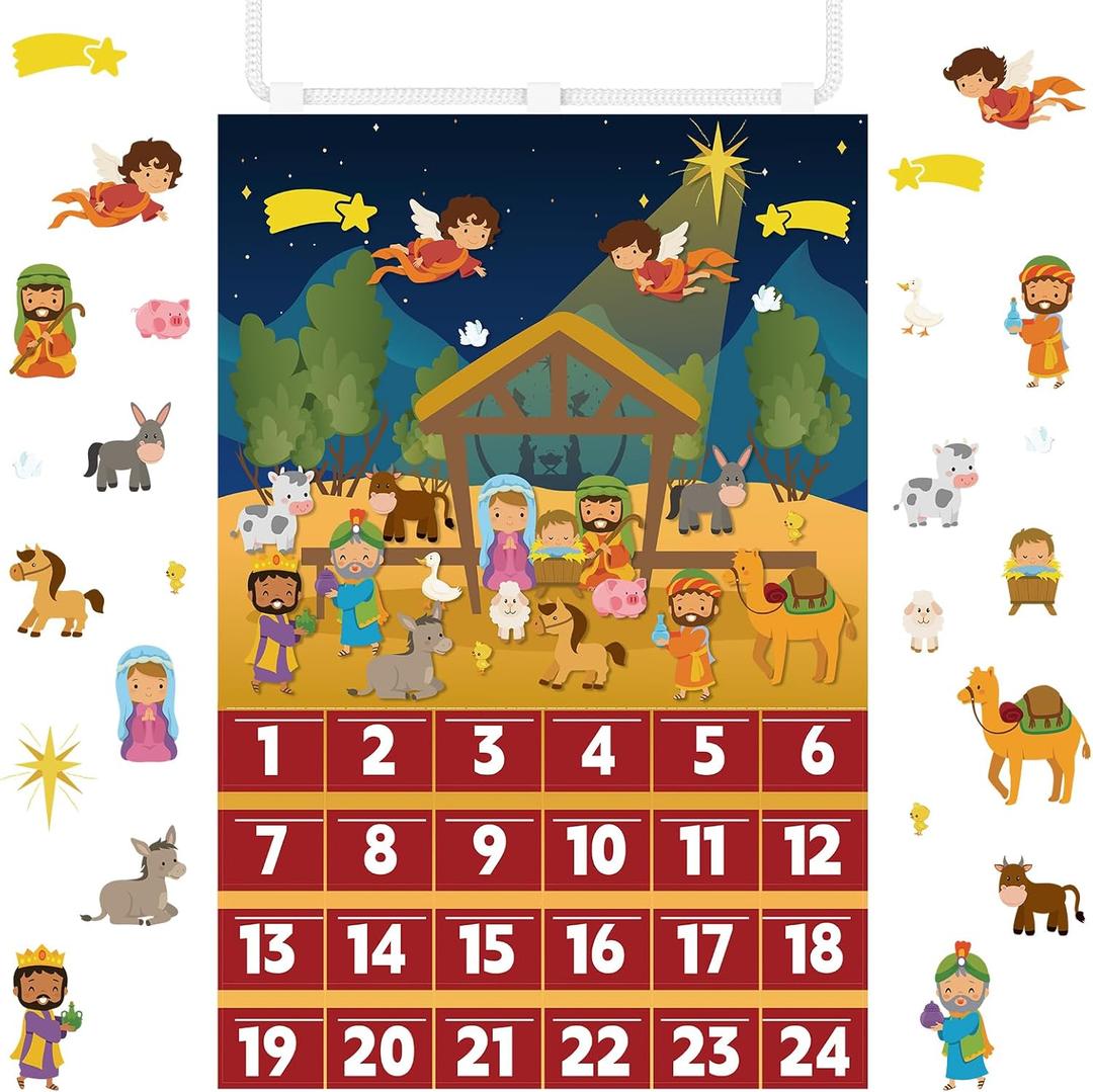 Nativity Advent Calendar, 2026 Christmas Felt Nativity Scene Wall Hanging Advent Calendar with 24 Ornaments Pockets, Reusable Countdown to Christmas Christian Home Craft Decoration for Kids Adults