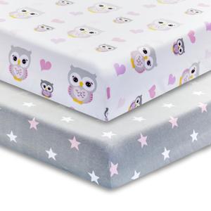 2 Pack Fitted Crib Sheets for Girls in 100% Jersey Knit Cotton Girls Crib Mattress Sheets with a Nature Theme of Owls with Purple and Pink Hearts and a Gray Sheet with Pink Hearts by Everyday Kids