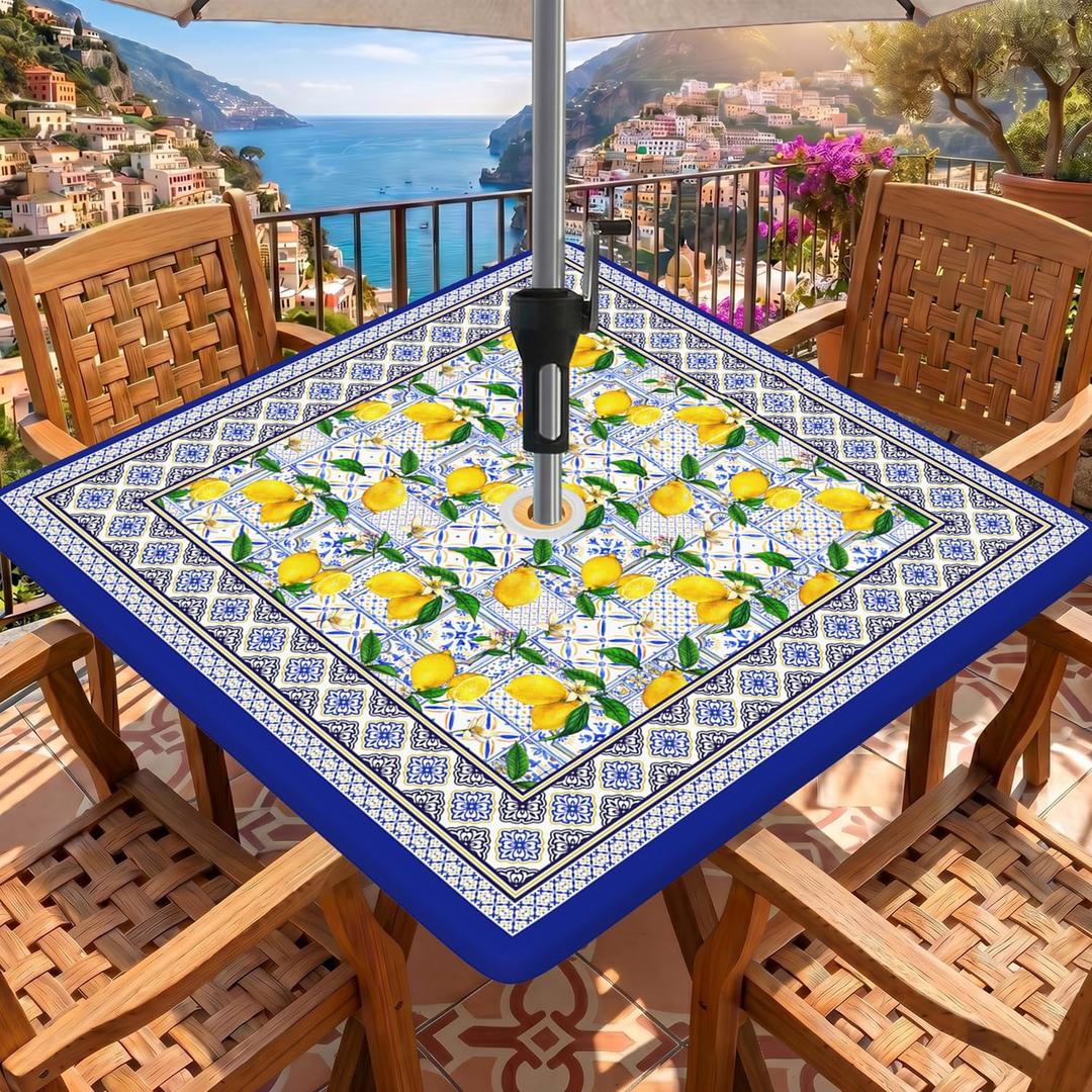 Square Outdoor Fitted Tablecloth with Umbrella Hole and Elastic, Fabric Waterproof Fitted Square Patio Table Cloth with Umbrella Hole for Summer/Party/Picnic, Lemon, Fits 34"-38" Tables