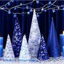 5 Pcs 12" 10" 6" Christmas Cone Tree Decorations Blue White Velvet Porcelain Glitter Table Decor Farmhouse Tiered Tray Ornament Xmas Tree for Home Holiday Entryway Tabletop Centerpiece Decorations
