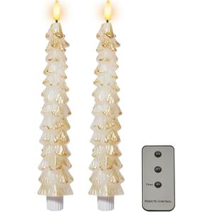 DN DECONATION LED Christmas Tree Candles Battery Operated with Remote, White and Gold Christmas Tree Shaped Flameless Taper Candles, Tall Candle Sticks for Xmas Table Decor Window Decorations 2PCS (Set of 2)