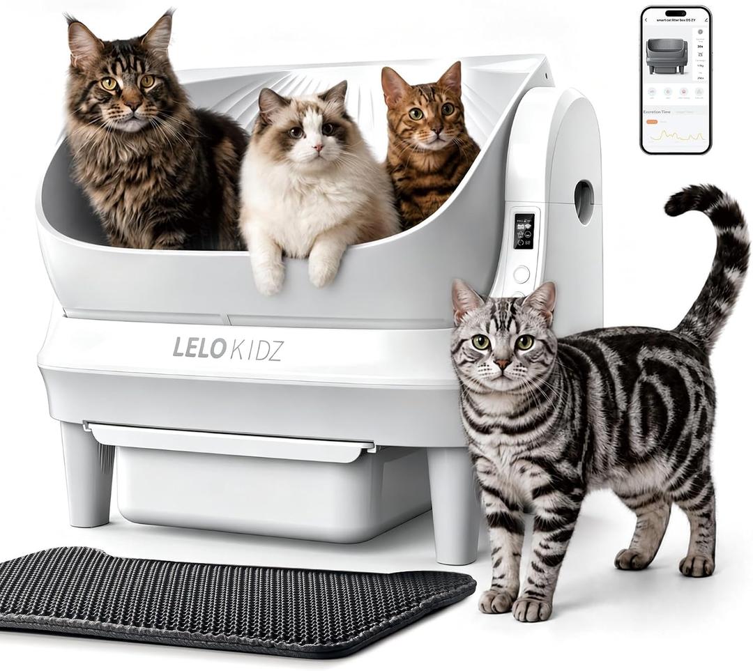 Self Cleaning Litter Box, Open Top 105L Automatic Litter Box for Multiple Cats, App Control, Safety Sensor, Anti-Pinch, Includes Liner - White