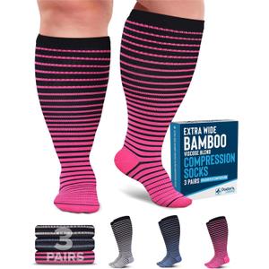 Doctor's Select 3 Pairs Plus Size Compression Socks Wide Calf | Bamboo Viscose Knee High Socks | Extra Wide Calf | Pink, Cobalt Blue, Grey (Black Stripes) XXL