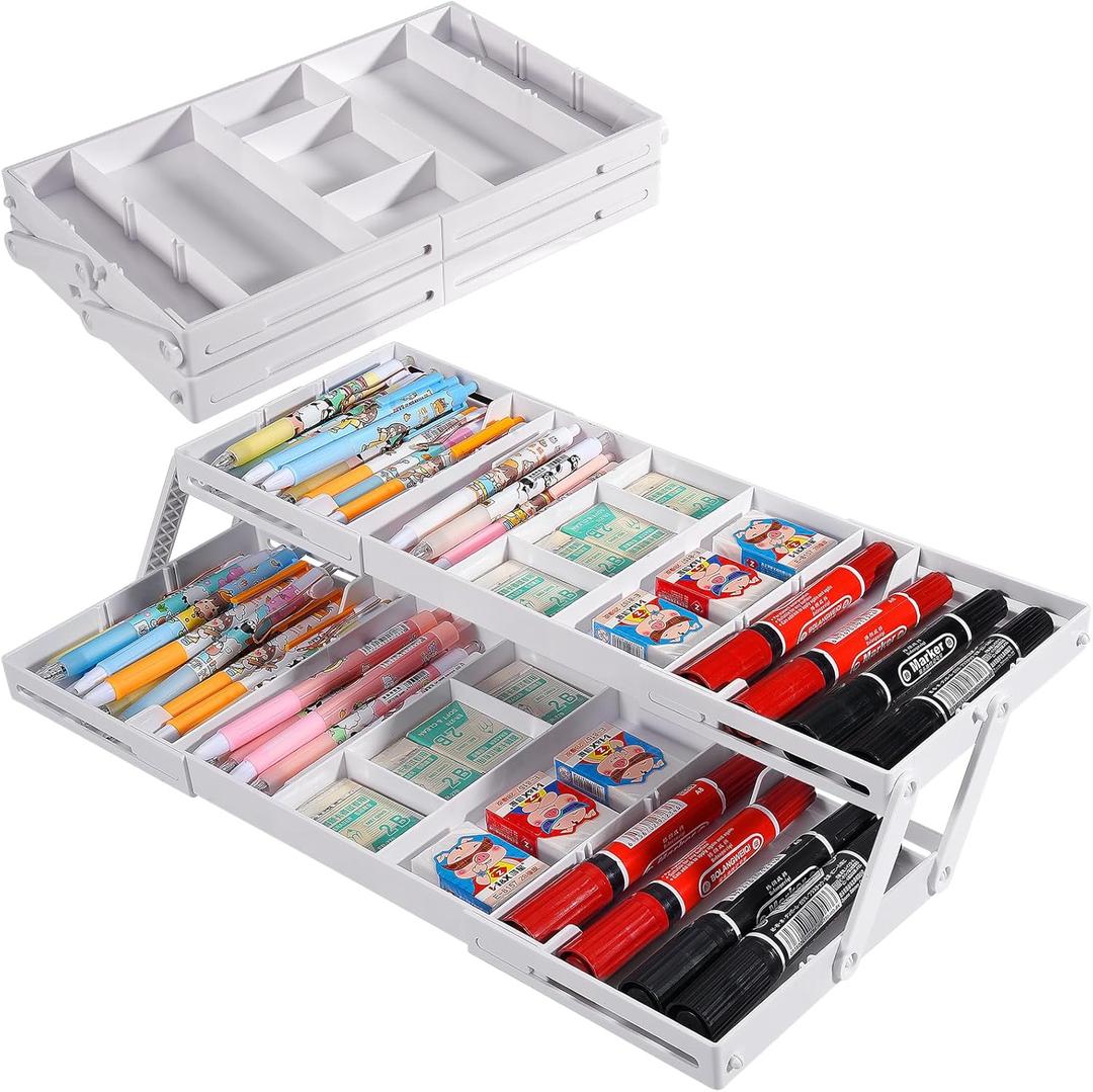Aobiono Multi Level Smart Drawer Organizer, Multi Tier Expandable Storage Collapsible Foldable Trays for Jewelry, Cosmetics, Makeup, Tools, Battery (White, Single Row - 2 Levels)