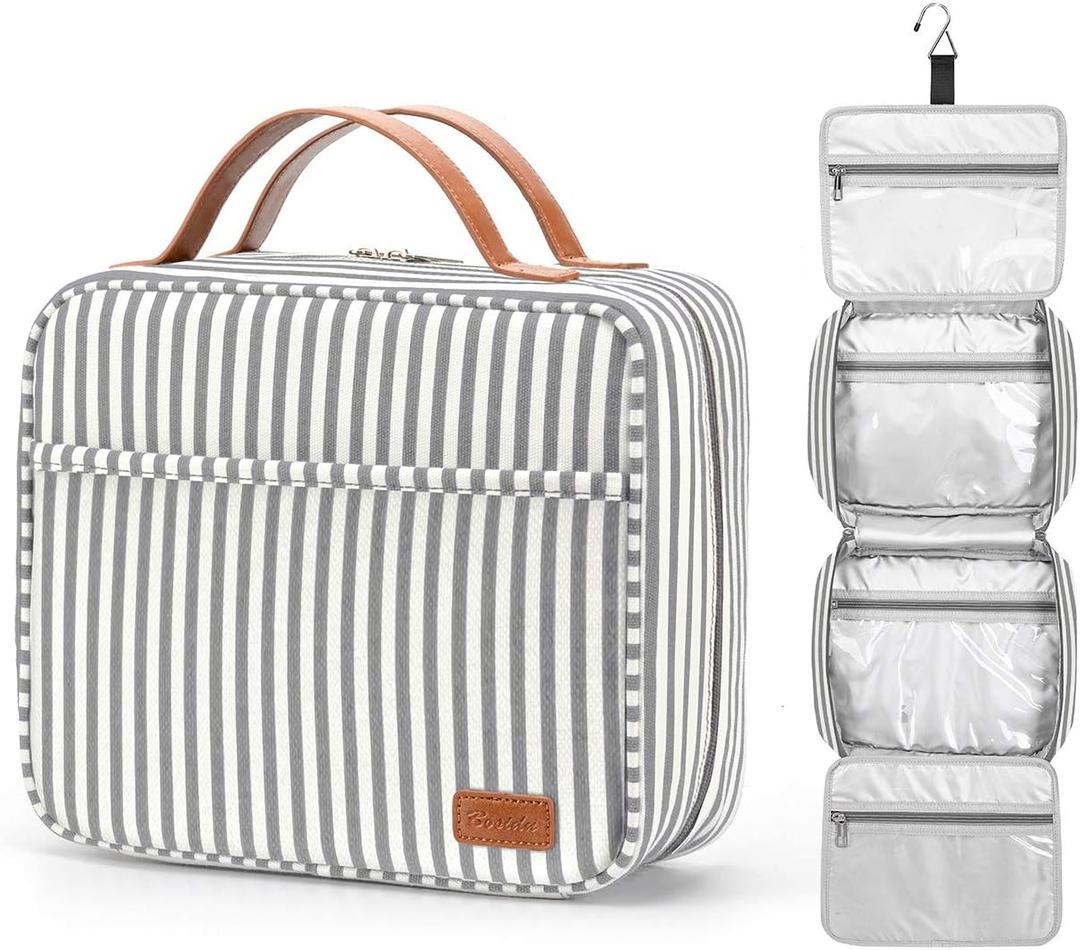 Bosidu Hanging Travel Toiletry Bag,Large Capacity Cosmetic Travel Toiletry Organizer for Women with 4 Compartments & 1 Sturdy Hook,Perfect for Travel/Daily Use/Christmas (11.22 x 9.4 x 1.13 in) M-grey