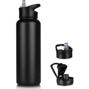 40 oz Insulated Water Bottle with Straw, Stainless Steel Sports Water Bottles with 2 Lids (Straw and Wide Mouth lid), Double Wall Vacuum, Leakproof, BPA-Free, Black (40 Ounces)