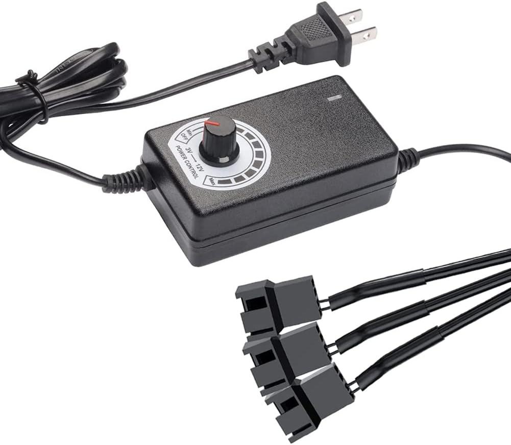 Delinx Triple 3-Pin and 4-Pin PC Fan Power Adapter, 12V Fan Speed Controller,100-240vAC to 3-12vDC Adjustable Power Supply