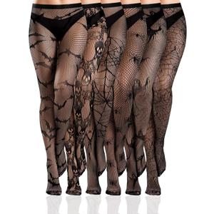 Ramede 6 Pairs Fishnet Stockings Women Lace Tights Patterned Thigh High Waist Goth Leggings Tight Pantyhose for Halloween (Medium, Bat Black)