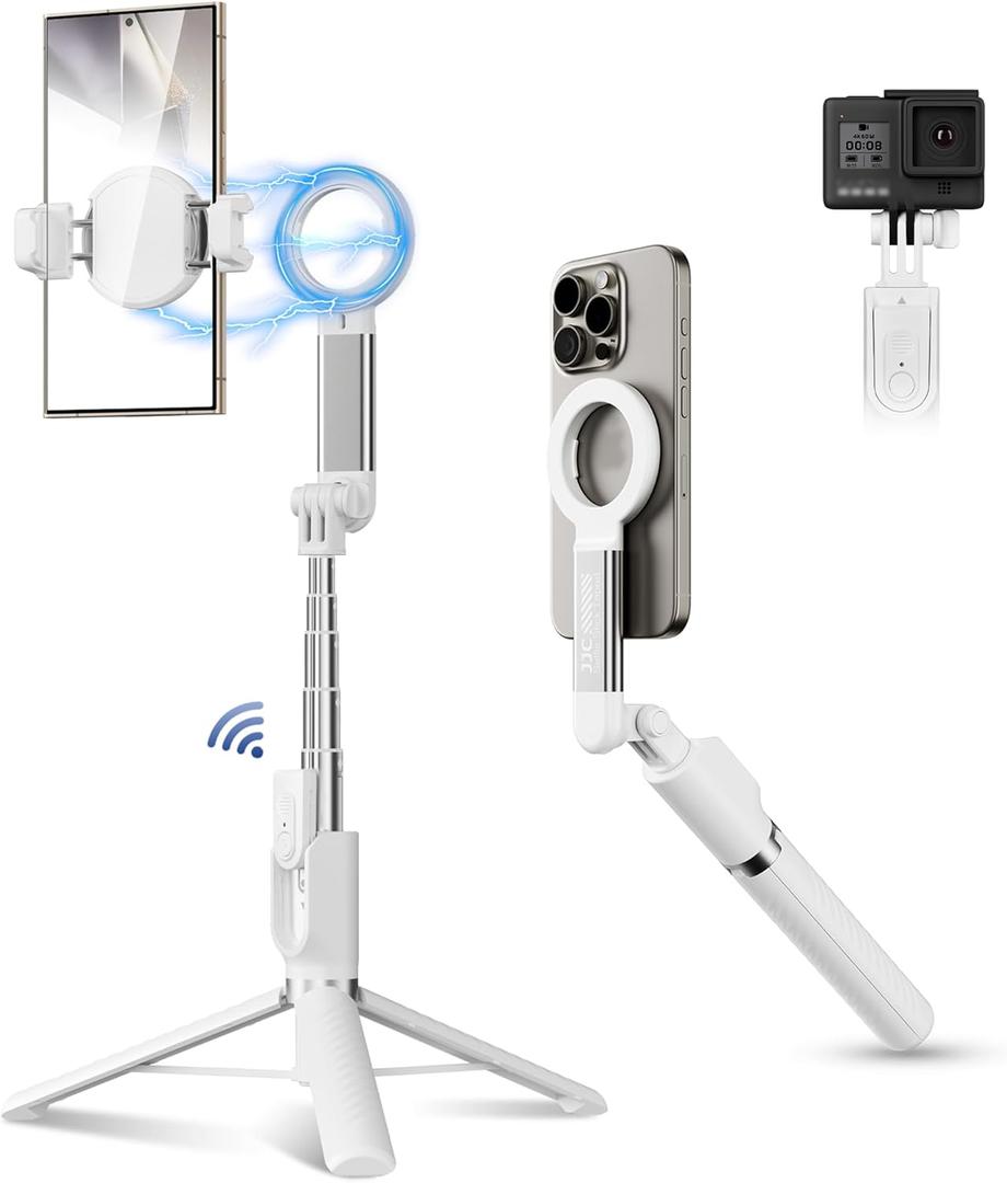Magnetic Phone Tripod Selfie Stick, 40.9" Extendable Cell Phone Tripod Stand for iPhone 16 15 14 13 12 MagSafe Phone Case with Phone Clamp & Wireless Remote for Selfie Vlogging Video Recording-White