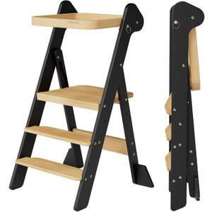 COSYLAND Foldi Foldable Toddler Kitchen Stool Helper - Adjustable Height Toddler Standing Tower with Net & Safety Feet, IF Award-Winning Wooden Learning Step Tower for Kids 18M-6Y, Black & Natural