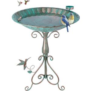 DREAMSOUL 20" Green Bird Bath Stand, Large Bird Bath for Outside with Peacock Pattern, Metal Birdbath with Folding Bracket for Garden Lawn Decor