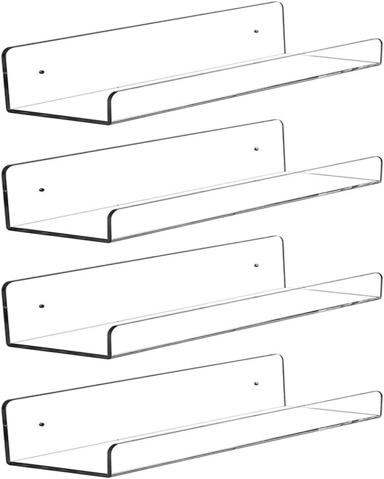 CY Craft Clear Acrylic Floating Shelves Display Ledge, 5 MM Thick Wall Mounted Storage Shelf for Kitchen/Bathroom/Office,Invisible Kids Bookshelf and Spice Rack,15 Inch,Set of 4