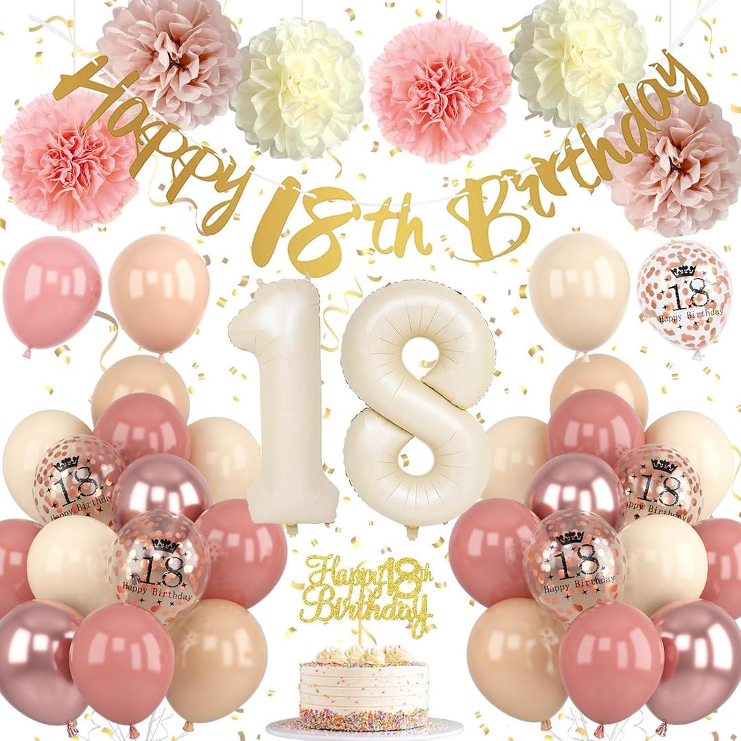 18th Birthday Decorations for Girl Retro Blush Pink Birthday Balloons Happy 18th Banner Cake Topper Pom Poms Dusty Rose Gold Number 18 Balloon for Her 18 Year Old Bday Party Decoration Supplies