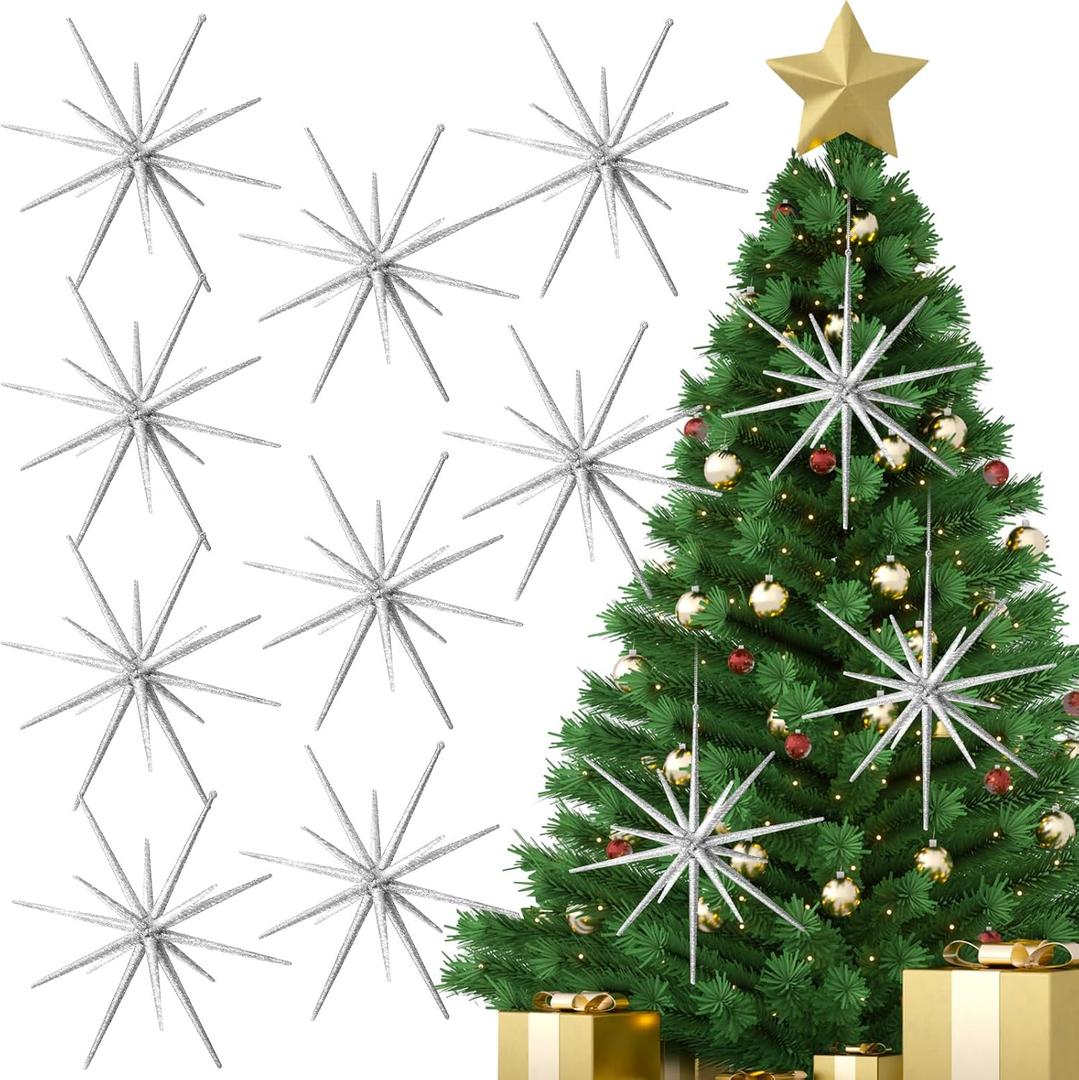 Syhood 12 Pcs Glitter Starburst Christmas Ornament 8 Inch Diameter Star Hanging Tree Ornaments Holiday Tabletop Decorations Christmas Party Decor Xmas Gifts (Silver)