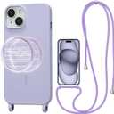 Magnetic Crossbody Case for iPhone 14 Plus/15 Plus 6.7", Liquid Silicone Case with Adjustable Shoulder Neck Lanyard Strap,[Compatible with MagSafe] Shockproof Protective Phone Cover-Purple