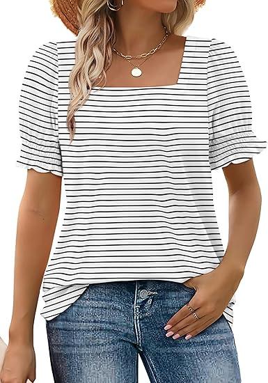 WIHOLL Tops for Women Summer Casual Ruffle Trim Sleeve Square Neck T Shirts (X-Large)