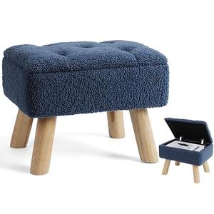 OGEMXU Storage Ottoman, Small Foot Stool Ottoman with Storage, Boucle Teddy Velvet Foot Rest with Padded Seat, Sturdy Wood Legs Stool for Living Room, Bedroom, Couch, Enterway (Cream)