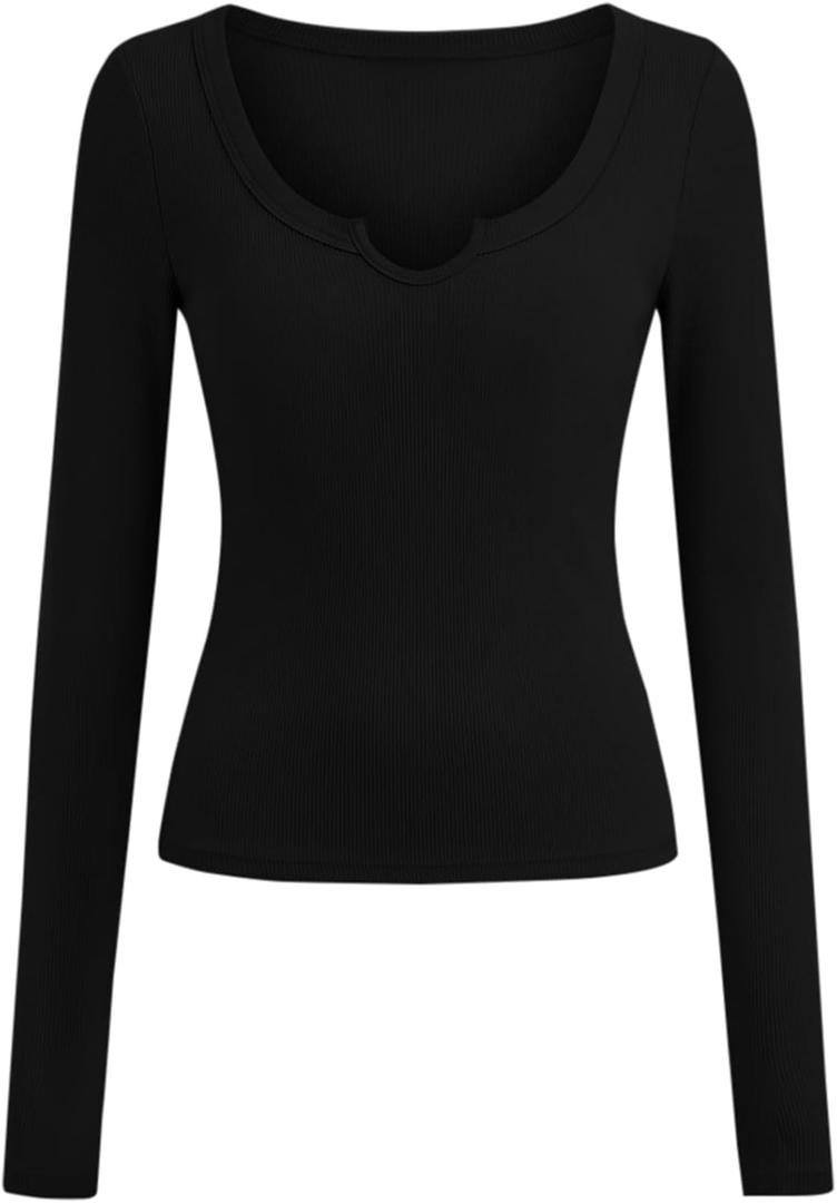 BTFBM Casual Long Sleeve T Shirts for Women Fall 2025 Ribbed Knit Slim Fit Solid Basic Tee Going Out Tops Blouse (Black, S)