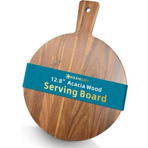 Acacia Wood Round Cutting Board with handle 16 x 13 Pizza Peel Cheese Paddle Board - Decorative Charcuterie Serving Board for Kitchen