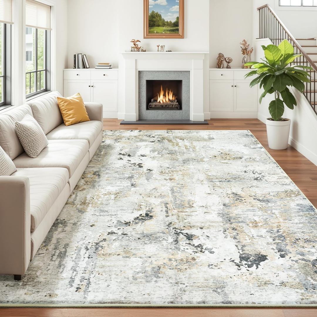 8x10 Area Rugs for Living Room, Abstract Neutral Large Washable Rug, Indoor Soft Non-Slip Floor Carpet for Bedroom Dining Room Home Decor, Brown/Grey