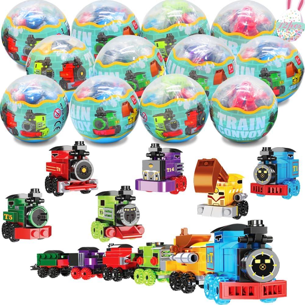 WODMAZ 12PCS PreFilled Easter Eggs with Train Building Blocks, Easter Egg Train Toys Set for Kids Easter Basket Stuffers, Easter Basket Filler, Easter Eggs Hunt, Easter Party Favors