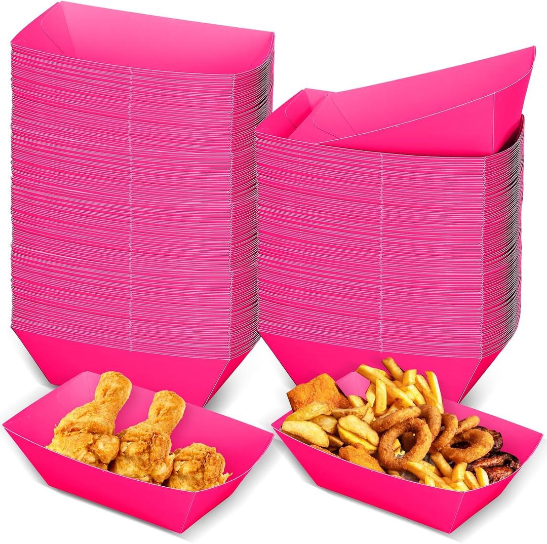 Uiifan Paper Food Boats Disposable Paper Food Tray Grease Resistant Disposable Serving Tray Cardboard Hot Dog Holder for Burgers Fries Sandwiches Picnic Party (Pink,4.9"x3"x2")