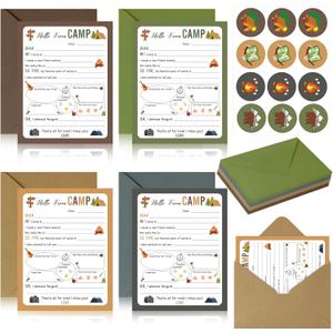 ANGOLIO Funny Camp Greeting Cards - 25Pcs Summer Camp Adventure Flat Notecards with Envelopes Stickers for Campers Boys Girls Travel Camping Trip School Family Hiking Beach Party Outdoor Activities, 5.1 X 3.9 Inches