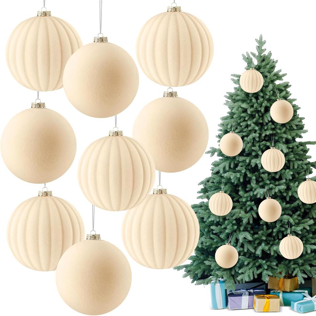 Syhood 9 Pcs 4 Inch Velvet Christmas Balls Large Velvet Xmas Tree Ornaments Balls Decorations Hanging Flocked Ornaments for Christmas Tree Home Garland Holiday Party Decor (Cream)
