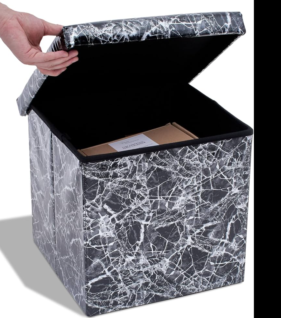 Dawhud Direct Footstool with Storage - Elegant Black Marble Look, 15x15x15 inches - Space-Saving Ottomans with Storage and Extra Seating - Ideal for Clothes, Living Room, Bedroom, Dorm