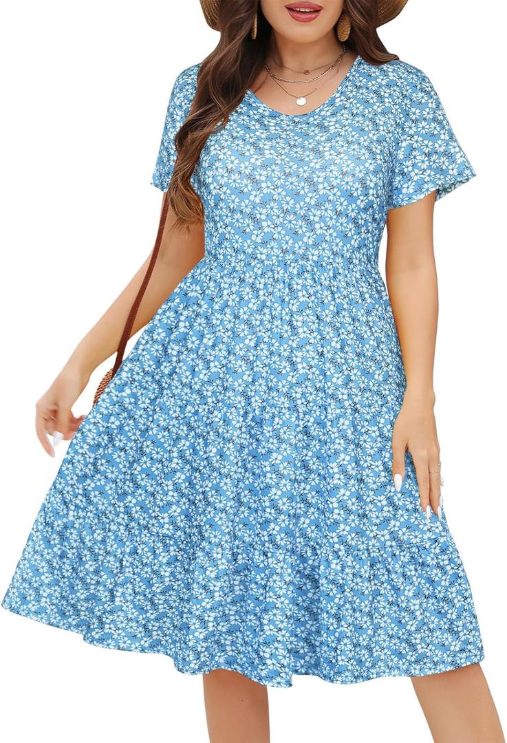 Younrui Women's Plus Size Casual Summer Tiered Dresses Short Sleeve Scoop Neck Ruffle Hem Loose Fitting Midi Babydoll Dress (Blue)