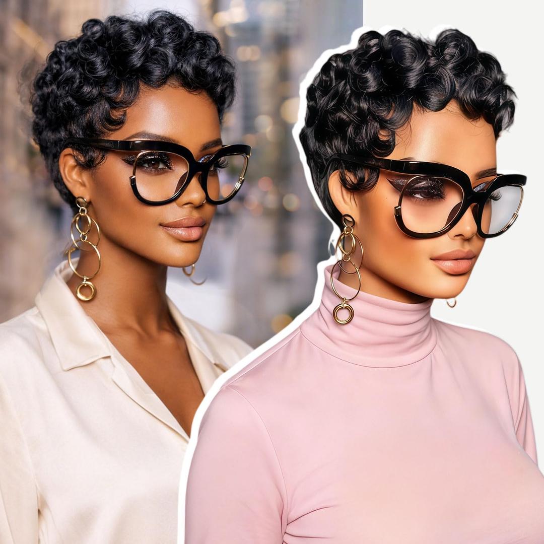 showreal Pixie Cut Wigs Human Hair for Black Women Short Pixie Cut Wigs 100% Real Human Hair Lightweight Glueless Natural Black Layered Pixie Wig(025-1B)