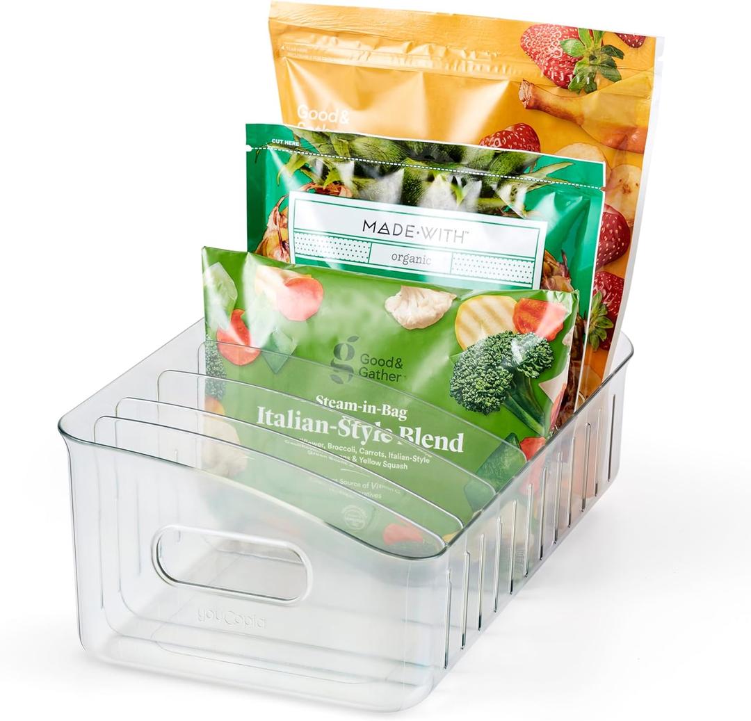 YouCopia FreezeUp Freezer Bin 15", BPA-Free Clear Fridge Organizer with Adjustable Dividers and Handles for Frozen Food and Leftovers