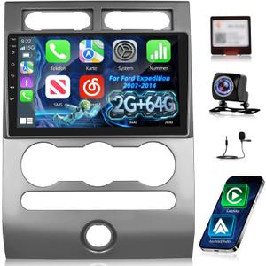 2+64G Android Car Stereo for Ford Expedition 2007-2014 (Manual A/C) - 9 Inch Touchscreen Radio with Wireless Carplay, Android Auto, WiFi, GPS, EQ, SWC, Mirror Link + AHD Backup Camera