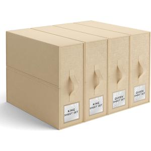 PARANTA Sheet Organizers and Storage of 4 Pack, Bed Sheet Organizer for Closet Storage, Foldable Bedding Organizing Containers for Blanket Duvet Cover flannel Sheets (Queen or King Size) Beige