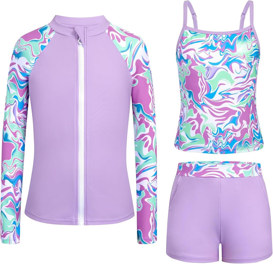 Rash Guard for Girls Long Sleeve 3 Piece Teens Swimsuits Zip Up Bathing Suit with Pockets Boyshorts (15-16 Years, Purple)