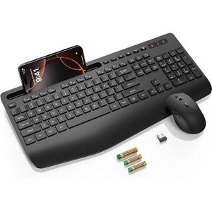 Wireless Keyboard and Mouse Combo, 2.4G Lag-Free Keyboard Set with Ergonomic Wrist Rest, Phone Holder, Silent Keyboard Cordless Set for Computer, Batteries Included, Laptop, PC, Mac, Windows -SABLUTE