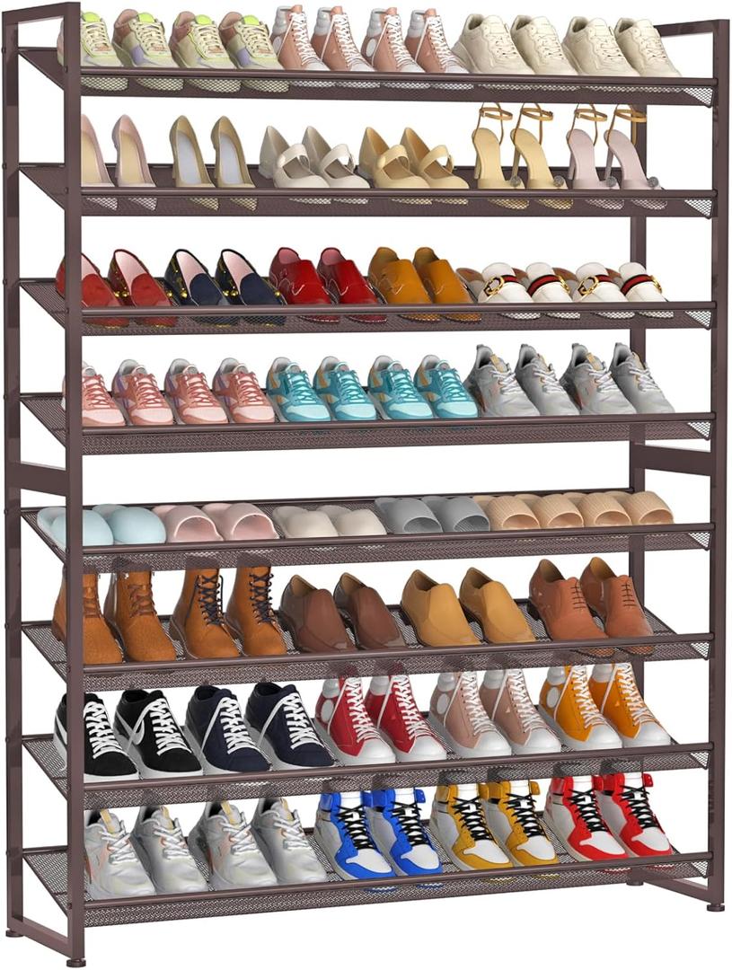 Large Shoe Rack 8 Tier Shoe Organizer, Heavy Duty Metal 4-Tier Stackable Shoe Storage Vertical Shoe Rack for Closet Front Door Entrance, Up to 50 Pairs, 44.8" W x 11.4" D x 56.7" H, Bronze