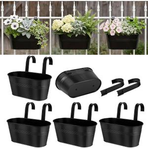 Metal Railing Planters for Outdoor Plants - 5 Pcs Balcony Hanging Flower Pots with Detachable Hooks & Drain Holes, Windowsill Oval Hanging Bucket Pots Fence Planters for Garden Home Decor, Black