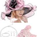 Derby Hat for Women 2026 Wide Brim Organza Sun Church Hat Set Feather Floral Fascinator for Tea Party Wedding Derby (Pink)