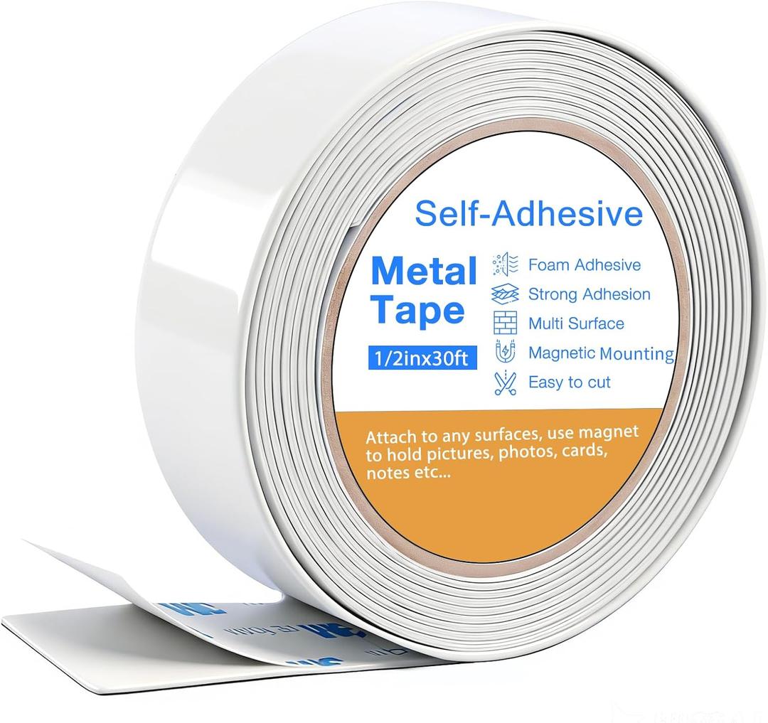Bendable Adhesive Metal Tapes for Magnets, (0.5'' Wide x 30 ft Long) Flexible Metal Strips for Magnets, White Ferrous Tape Stick on Wall Can Paired with Magnet Tapes