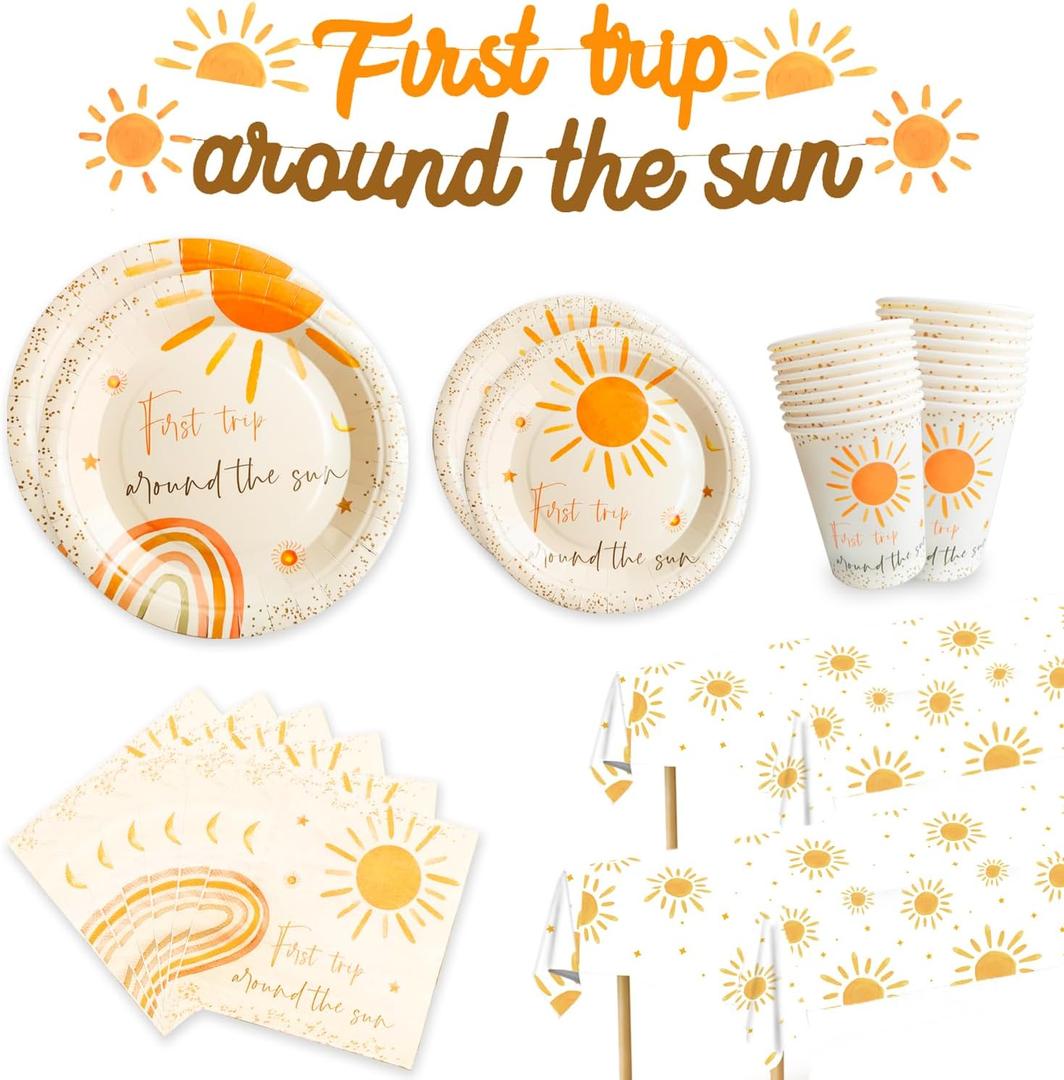 First Trip Around The Sun Birthday Decorations - Boho Sun Rainbow 1st Birthday Decorations for Girls and Boy Sun Plates and Napkins Cups Tablecloths BannerSet for Serve 25 Guests, Sunshine Baby
