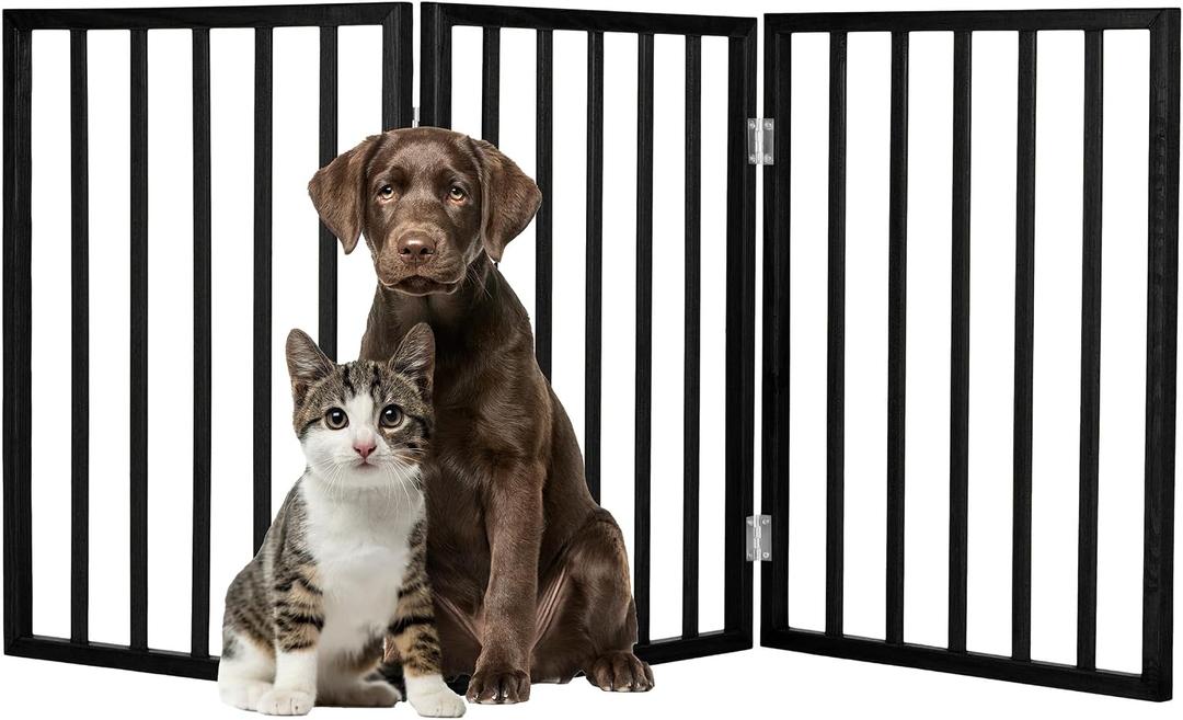 Pet Gate - 3-Panel Indoor Foldable Dog Fence for Stairs, Hallways, or Doorways - 54x24-Inch Wood Freestanding Dog Gates by PETMAKER (Black)