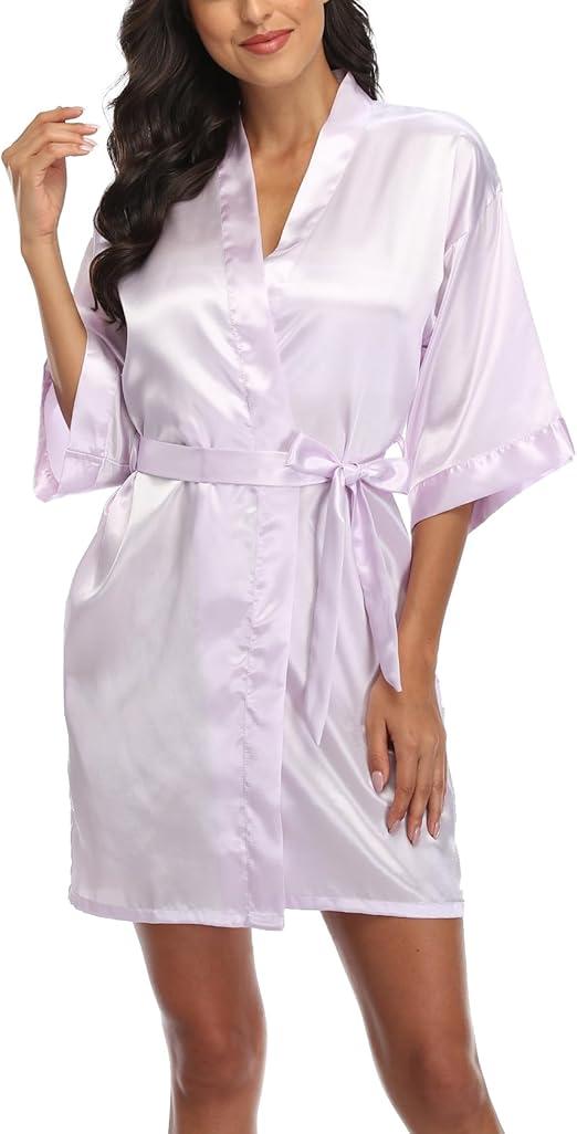 Women's Pure Short Silky Robes Satin Kimonos Bathrobe Bride Bridesmaid Getting Ready Dressing Gown One size