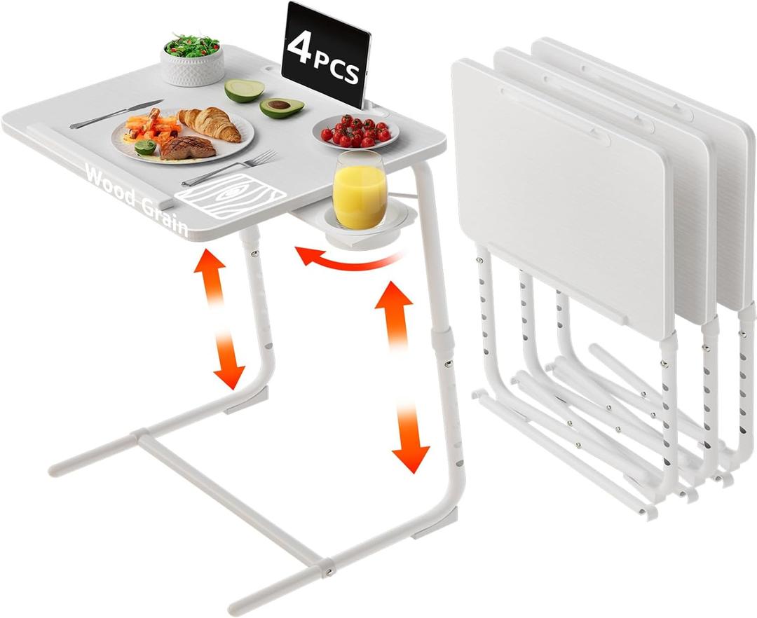 NUTIKAS TV Trays Set of 4 - Folding TV Tray Adjustable Dinner Trays for Eating On Couch Wooden Tables Mate Stand Foldable White Desk with Cup Holder Portable