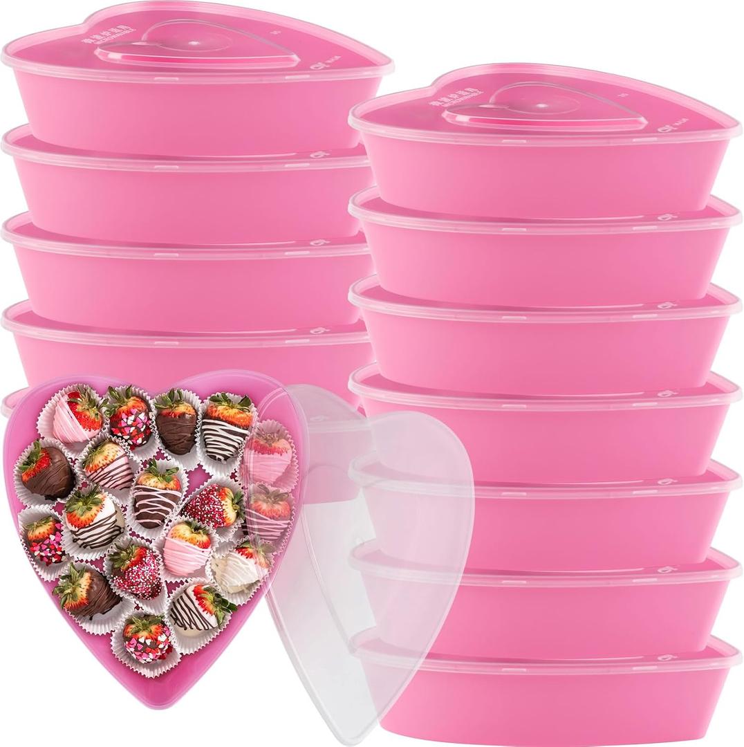 Yerliker 12 Pieces Valentines Heart Food Containers with Lids 22 oz / 650 ml Large Heart Shaped Food Containers Plastic Storage Box Reusable Dessert Box for Kitchen Restaurant Fruit Vegetable (Pink)