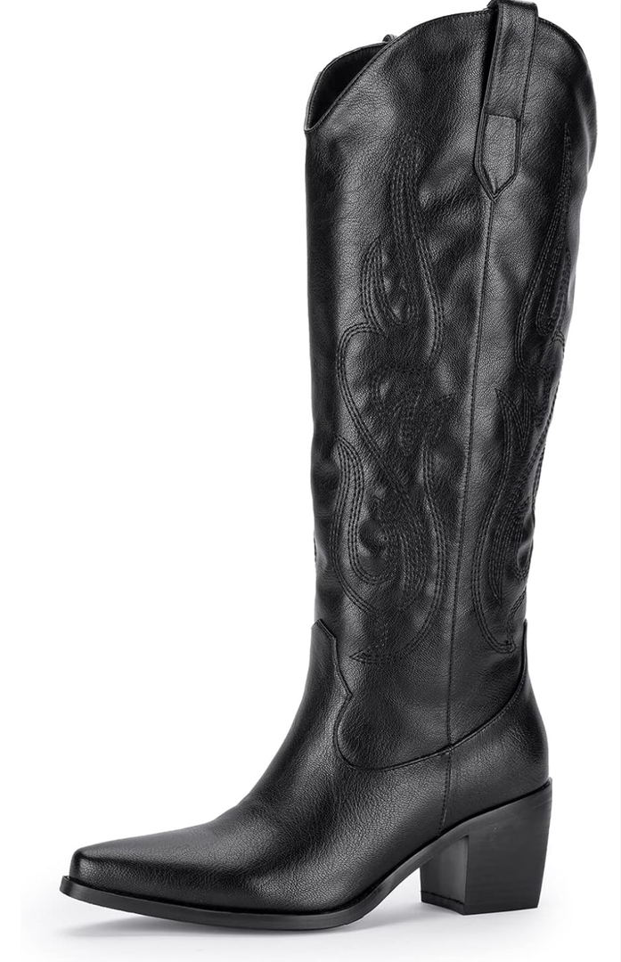 Pasuot Western Cowboy Boots for Women - Knee High Wide Calf Cowgirl Boots with Classic Embroidered, Slip On Pointed Toe Chunky Heel Fashion Retro Classic Pull On Tall Boot for Girls Ladies Fall Winter 10