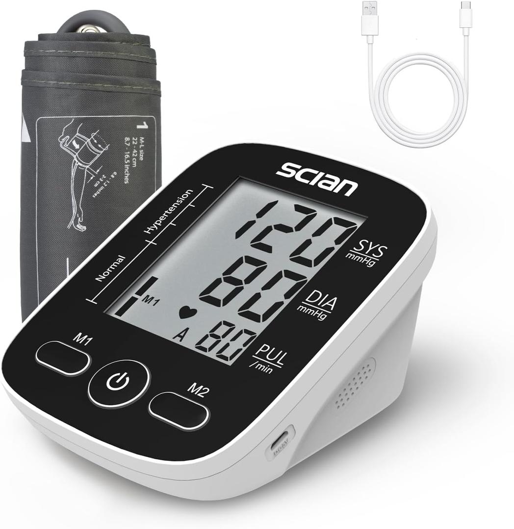 Scian Blood Pressure Monitor Upper Arm for Home Use, Automatic Blood Pressure Arm Cuff with Large Cuff 8.7"-16.5", Large LCD Display, 2 User 180 Memory, USB Cable (Black With Large Cuff)