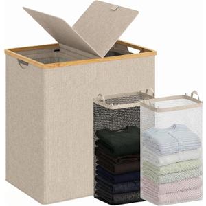 efluky Laundry Hamper with Lid, Double Laundry Basket with 2 Removable Bags, 2 Section Laundry Bin with Bamboo Handles for Bathroom, Bedroom & Laundry Room, 140L (36.9 Gallon) Oat, Dual